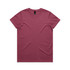 A maroon T-shirt featuring a simple design and a tag, suitable for casual wear.