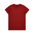 A red T-shirt featuring a round neckline and short sleeves, with a branding label on the inside.