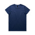 A navy blue t-shirt featuring a round neckline and short sleeves; includes a brand logo.