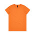 An orange T-shirt with a round neckline and short sleeves, featuring a logo on the tag.