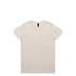 A plain beige t-shirt with short sleeves and a branding tag inside the collar.