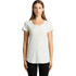 A light grey T-shirt with a scoop neckline and short sleeves, featuring a logo. The model stands facing the camera.