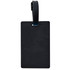 A black luggage tag with a smooth surface and a matching strap for attachment.