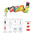 A vibrant, multi-coloured lanyard featuring a logo and various clip options for holding badges or keys.