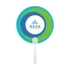 A round fan with blue and green concentric circles and a white handle, featuring a logo in the centre.