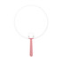 A round, pink-handled fan with a white surface, designed for promotional use. Features a branding logo on the handle.