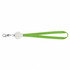 A green lanyard cable with a circular attachment and a clip at one end. It features a logo on the circular part.
