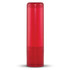 A red lip balm container with a cylindrical shape, featuring a smooth, glossy finish.
