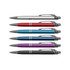 A collection of six metal pens in silver, red, blue, purple, and black, featuring different textures and a logo.