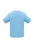 A short sleeve tee in light blue, featuring a simple design and a logo on the back.