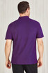 A purple polo shirt with a collar and short sleeves, featuring a logo on the back.