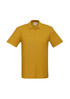 A polo shirt in a vibrant mustard yellow colour with a collar and short sleeves, featuring a logo on the chest.
