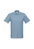 A light blue polo shirt with short sleeves and a collar, featuring buttons and a brand logo.