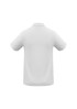 A white men's polo shirt featuring a classic collar and short sleeves, with a branding logo on the chest.