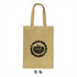 A jute tote bag in a natural beige colour with a logo printed on the front. It features two sturdy handles.