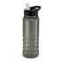 A drink bottle featuring a clear and black design, with a ribbed body and a straw top for easy access.