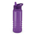 A drink bottle in vibrant purple with a screw-on lid and a flip-top spout, featuring a logo.
