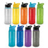 A drink bottle collection featuring various colours: clear, yellow, orange, red, green, blue, grey, and purple, with a logo.