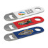 A drink bottle opener set featuring red, blue, and white designs with various logos and metallic bottle opening ends.
