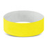 A bright yellow Tyvek event wristband with a smooth texture and a white inner surface, featuring a logo. A bright yellow Tyvek event wristband with a smooth texture and a white inner surface, featuring a logo.
