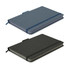 A grey notebook and a blue notebook with elastic band closures, both featuring textured covers and a branding logo.