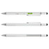A multi-function pen featuring a ruler, level, and stylus. The pen has a sleek metal design and is available in white.
