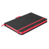 A two-tone notebook in black and red, featuring an elastic band and bookmark ribbon, with a logo on the cover.