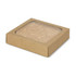 A square, brown cardboard box containing a set of four round cork coasters. The coasters have a natural cork colour.