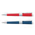 A set of metal pens featuring a red pen and a blue pen, both with silver accents and a logo.