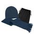 A navy beanie and matching scarf set, accompanied by a black drawstring bag.