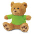A plush teddy bear in brown with a green shirt, featuring soft fur and paw prints on its feet.