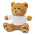 A fluffy brown teddy bear plush toy with a soft texture and a blank white shirt. Features cute, round paws and a friendly expression.