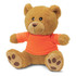 A brown teddy bear plush toy wearing an orange shirt, featuring a friendly face and soft, tactile fur.