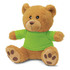 A plush teddy bear toy with a light brown body and a bright green shirt, featuring a smiling face and soft paws.