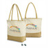 A cream tote bag with a natural jute base, featuring a logo on one side and sturdy handles.