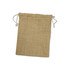 A medium jute produce bag in a natural beige colour with drawstring closure and a simple logo.