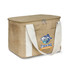 A tan cooler bag with a white zipper and handles, featuring a logo on the front.