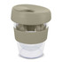 A drink bottle featuring a clear body with a muted green lid and band, designed for convenience. It has a logo.