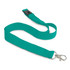 A teal cotton lanyard with a clip and adjustable slide for securing items. Features a branding logo.