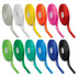A selection of 15mm personalised ribbon in white, silver, yellow, orange, pink, red, green, blue, and black. Each roll features a logo.