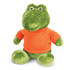 A green crocodile plush toy wearing an orange shirt, featuring a friendly expression and soft, fluffy texture.
