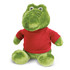 A green crocodile plush toy wearing a red shirt, featuring large eyes and a friendly expression.