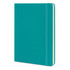 A large turquoise hard cover notebook with an elastic band and cream-coloured pages.