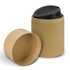 A drink bottle in a black lid design, presented in a circular kraft paper container.