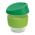 A drink bottle made of borosilicate glass, featuring a green silicone lid and band.