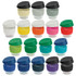 A drink bottle collection featuring reusable cups in various colours with black lids and transparent bases. Each cup has a logo.