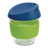 A drink bottle made of borosilicate glass, featuring a blue lid and a green silicone band for grip.