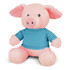 A pink pig plush toy wearing a blue shirt, featuring soft fur and rounded features. It has a logo on the shirt.