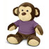A soft plush monkey toy with brown fur and a purple shirt, featuring large, friendly eyes and a cute expression.