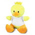 A yellow duck plush toy with an orange beak and feet, wearing a white t-shirt, sitting with a playful expression.